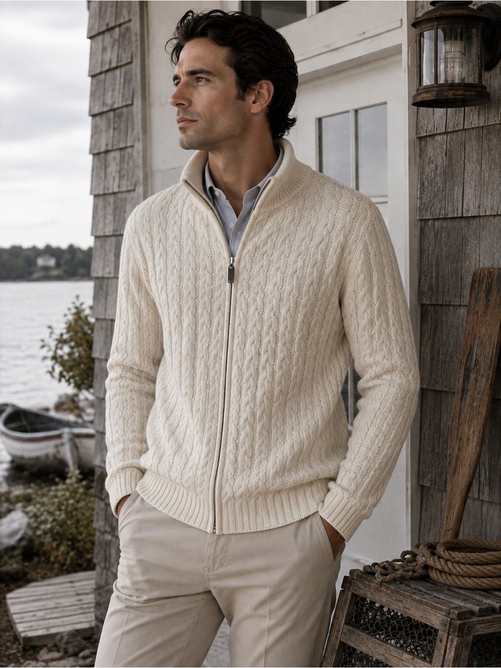 Italian Yarn Cable Knit Full Zip Mock Neck Wool Blend Sweater L Old Money Cabine